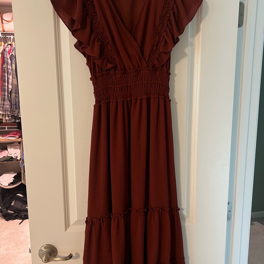 Max Studio Brown Smocked Maxi Dress with Flutter Sleeves